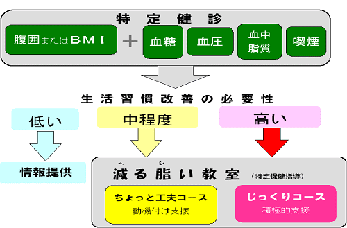 イラスト：特定健診（腹囲またはBMIと血糖・血圧・血中脂質・喫煙など）の健診結果から生活習慣改善の必要性が低い方には情報提供、中程度の方にはへるしい教室「ちょっと工夫コース」、高い方にはへるしい教室「じっくりコース」を提供