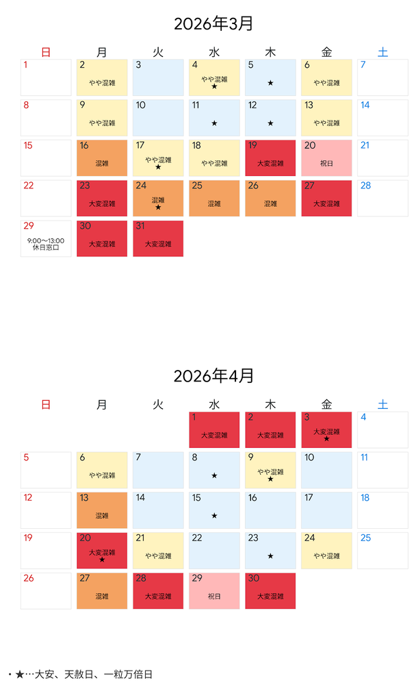 3月4月の混雑カレンダー