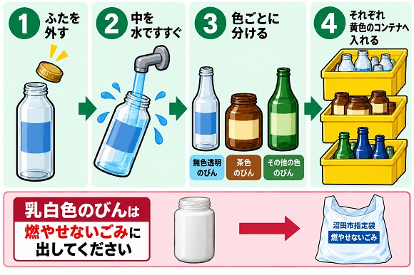 飲料・食料品・化粧品などのびんが対象です。 出し方は、ふたを外して中を水ですすぎ、「透明」「茶色」「その他の色」に分けて、それぞれ黄色のコンテナに入れてください。プラスチックのふたは、指定プラスチック、 金属のふたは、指定金属、金属以外のふたは燃やせないごみとして出してください。 乳白色のびんは、「燃やせないごみ」として出してください。