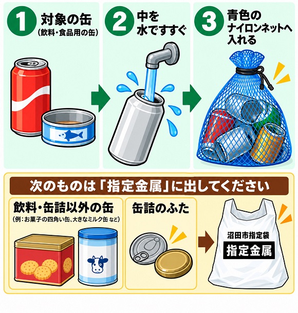 ジュースの空き缶、缶詰の空き缶などが対象です。缶詰のふた、500ミリリットルサイズ以上の大きな缶や、ペンキ缶などの飲料や食品以外の缶は、指定金属として出してください。  出し方は、中を水ですすぎ、青色のナイロンの網に入れてください。 