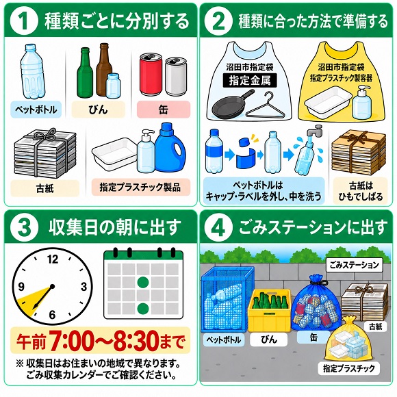 資源は、収集日の午前7時から8時30分までに、利用するごみステーションへ出してください。  収集日以外は、ごみステーションへは出さないでください。  収集日は「家庭ごみ収集カレンダー」で確認してください。