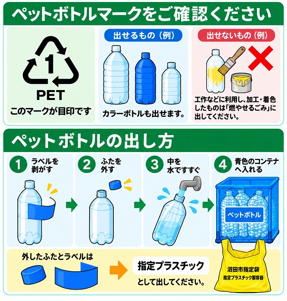 ペットボトルには、ペットボトルマークがあります。  カラーボトルも出せます。  工作などに利用し、加工、着色したものは「燃やせるごみ」に出してください。  出し方は、ラベルを剥がす。 ふたを外す。 中を水ですすぐ。 青色のコンテナへ入れる。 外したふたと、ラベルは指定プラスチックとして出してください。