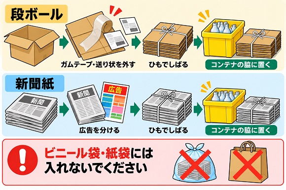 ダンボールの出し方、ダンボールだけをひもでしばり、資源の日にコンテナの脇に置いてください。 ガムテープや送付状は取り外し、燃やせるごみとして出してください。新聞紙の出し方、新聞紙だけをひもでしばり、コンテナの脇に置いてください。 広告紙は、雑紙として出してください。
