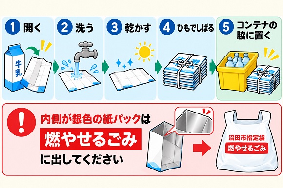 紙パックの出し方、内側が白色の牛乳パックやジュースの紙パックなどが対象です。