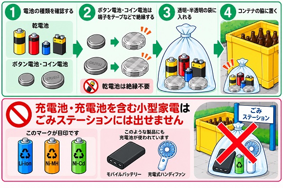 乾電池、ボタン電池の出し方、乾電池、コイン電池は透明または半透明の袋に入れ、コンテナの脇に置いてください。 コイン電池、ボタン電池は、捨てる前にテープで絶縁して下さい。池充電池や充電池を含む小型家電は、ごみステーションには出せません。