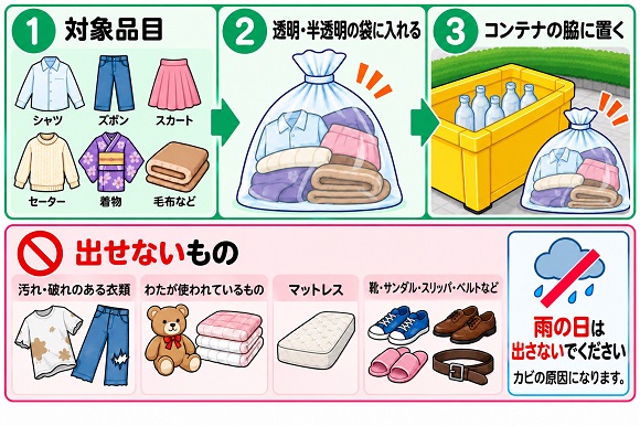 衣類のリサイクル、シャツ、ズボン、スカート、セーター、着物などの衣類が対象です。 透明で丈夫な袋に入れ、コンテナの脇に置いてください。  対象とならないもの、汚れや破れがあるもの、わたが利用されているもの、靴、ベルト、サンダルなど衣類以外のものは対象外です。カビの発生の原因になりますので、雨の日には出さないでください。