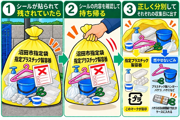 シールが貼られて残された場合は、内容を確認し再度出し直してください。